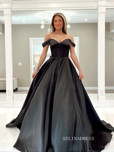 Chic A-line Off-the-shoulder Black Long Prom Dress Beaded Elegant Evening Party Dress #JKSS615|Selinadress