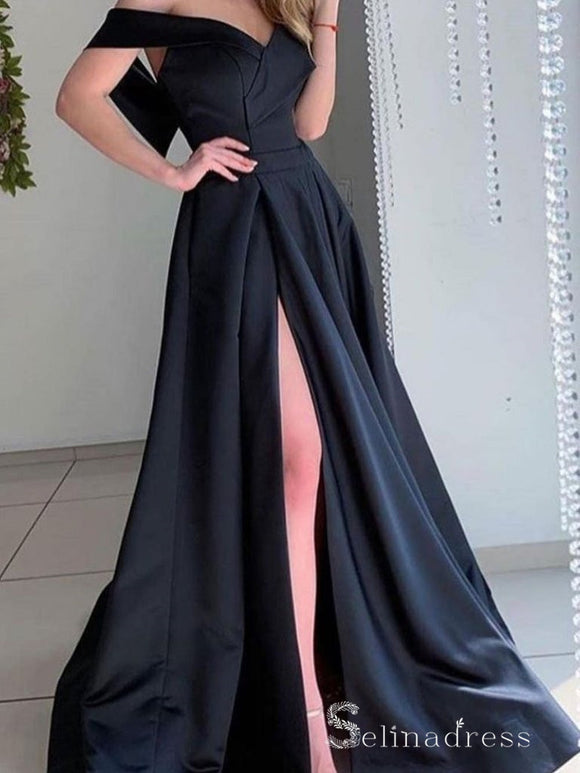 Chic A-line Off-the-shoulder Black Long Prom Dresses Cheap Evening Dress CBD245