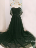 Chic A-line Off-the-shoulder Black Long Prom Dresses Tulle Bridesmaid Dresses Long Formal Dress OSTY056|Selinadress