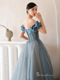 Chic A-line Off-the-shoulder Blue Long Prom Dresses Tulle Formal Gowns CBD215|Selinadress