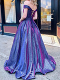 Chic A-line Off-the-shoulder Blue Prom Dresses Sparkly Prom Dress Evening Dress CBD242|Selinadress