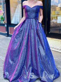 Chic A-line Off-the-shoulder Blue Prom Dresses Sparkly Prom Dress Evening Dress CBD242|Selinadress