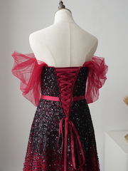 Chic A-line Off-the-shoulder Burgundy Long Prom Dress Beaded Luxury Evening Dress ASB011