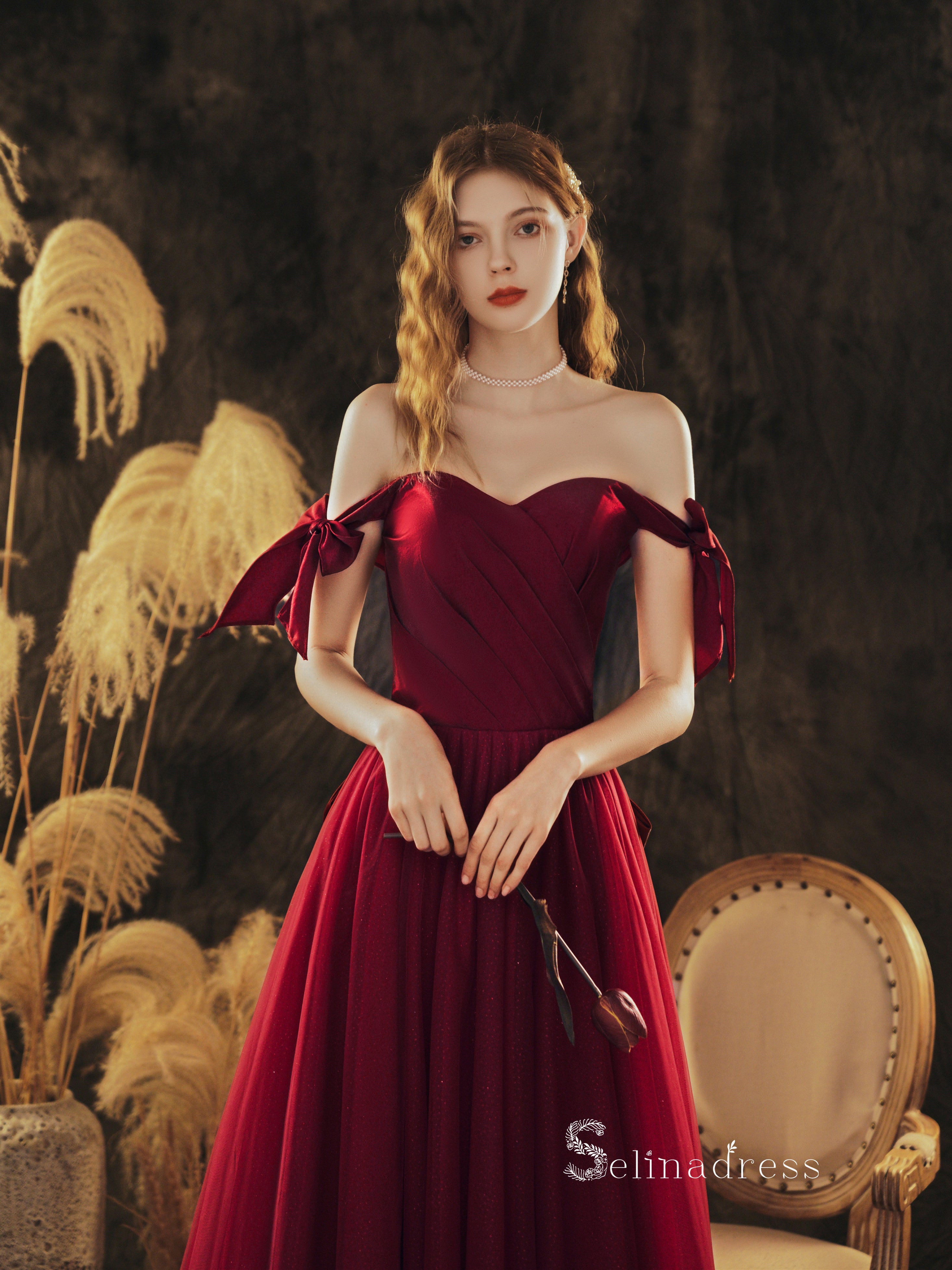 Chic A-line Off-the-shoulder Burgundy Long Prom Dresses Cheap Formal G SELINADRESS Chic A-line Off-the-shoulder Burgundy Long Prom Dresses Cheap Formal G SELINADRESS