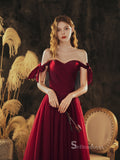Chic A-line Off-the-shoulder Burgundy Long Prom Dresses Cheap Formal Gowns CBD112