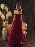Chic A-line Off-the-shoulder Burgundy Long Prom Dresses Cheap Formal Gowns CBD112