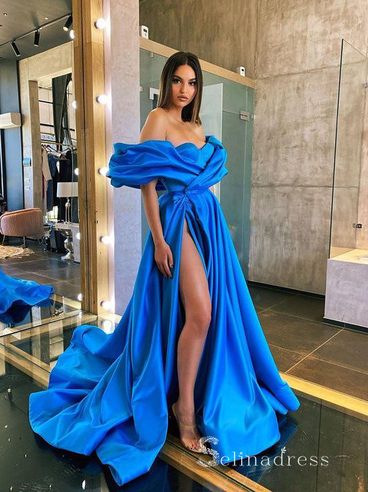Chic A-line Off-the-shoulder Cheap Prom Dresses Blue Long Evening Gowns MLH0448|Selinadress
