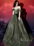 Chic A-line Off-the-shoulder Dark Green Long Prom Dresses Sparkly Evening Dress MSK002|Selinadress