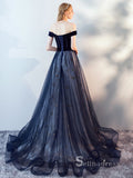 Chic A-line Off-the-shoulder Dark Navy Long Prom Dresses Unique Formal Gowns CBD204|SSelinadress