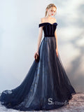 Chic A-line Off-the-shoulder Dark Navy Long Prom Dresses Unique Formal Gowns CBD204
