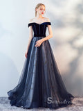 Chic A-line Off-the-shoulder Dark Navy Long Prom Dresses Unique Formal Gowns CBD204|SSelinadress