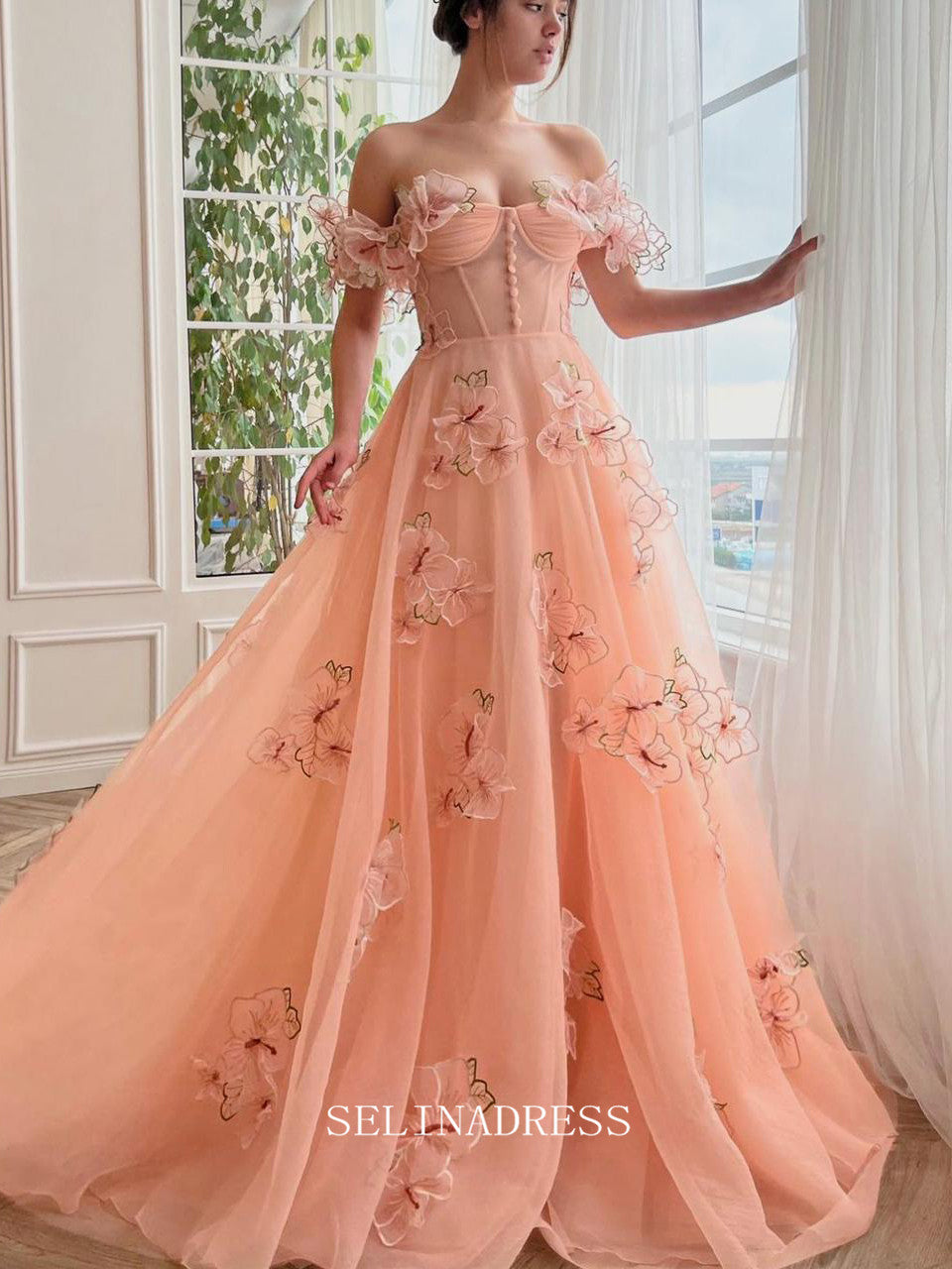 Chic A-line Off-the-shoulder Elegant Long Prom Dress Charming Peach Garden Gown #LOP202 Chic A-line Off-the-shoulder Elegant Long Prom Dress Charming Peach Garden Gown #LOP202