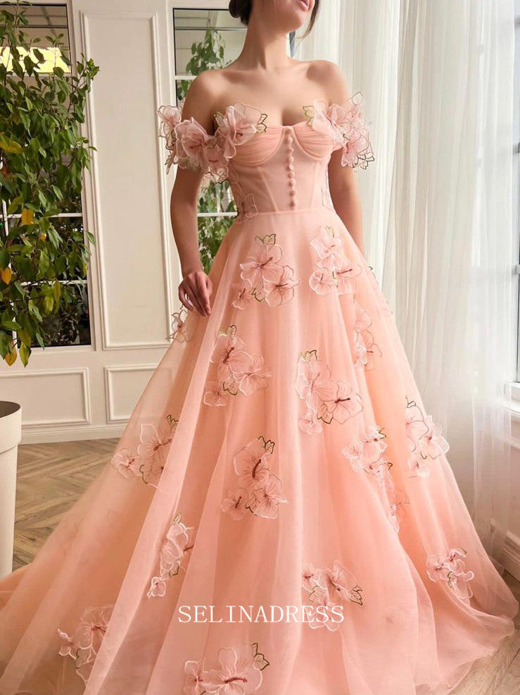 Chic A-line Off-the-shoulder Elegant Long Prom Dress Charming Peach Ga – SELINADRESS