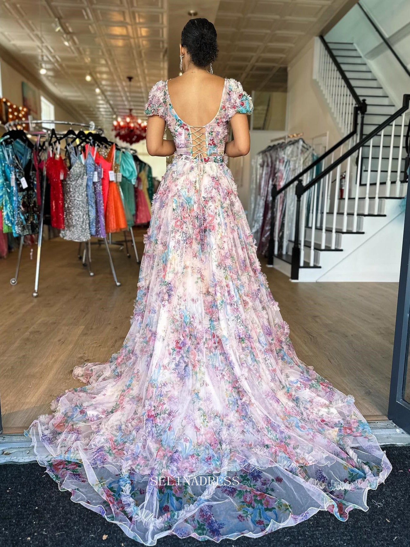 Chic A-line Off-the-shoulder Floral Beaded Long Prom Dress Elegant Eev SELINADRESS Chic A-line Off-the-shoulder Floral Beaded Long Prom Dress Elegant Eev SELINADRESS