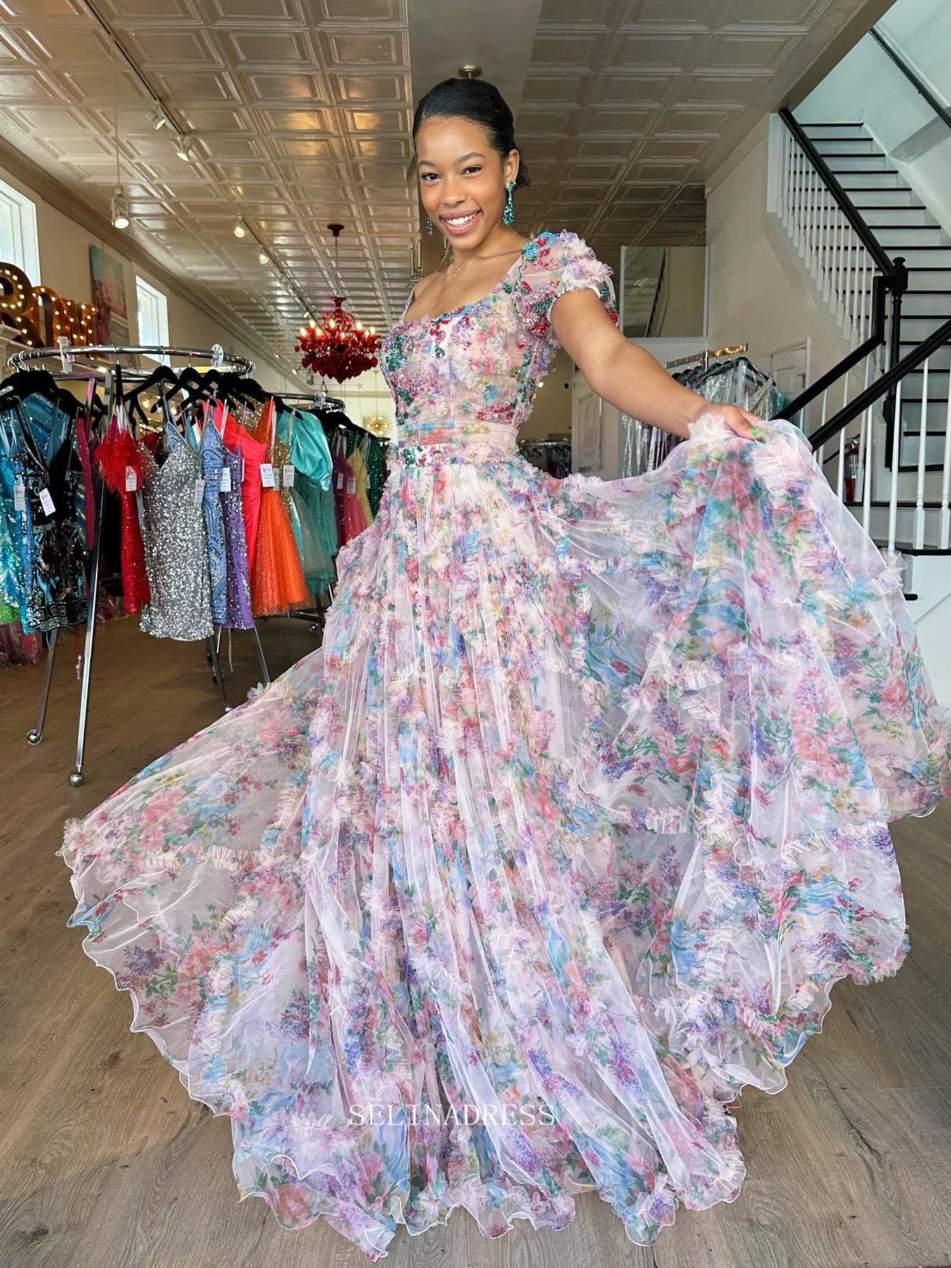 Chic A-line Off-the-shoulder Floral Beaded Long Prom Dress Elegant Eev SELINADRESS Chic A-line Off-the-shoulder Floral Beaded Long Prom Dress Elegant Eev SELINADRESS