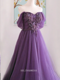 Chic A-line Off-the-shoulder Grape Long Prom Dresses Beaded Evening Dress OSTY042|Selinadress