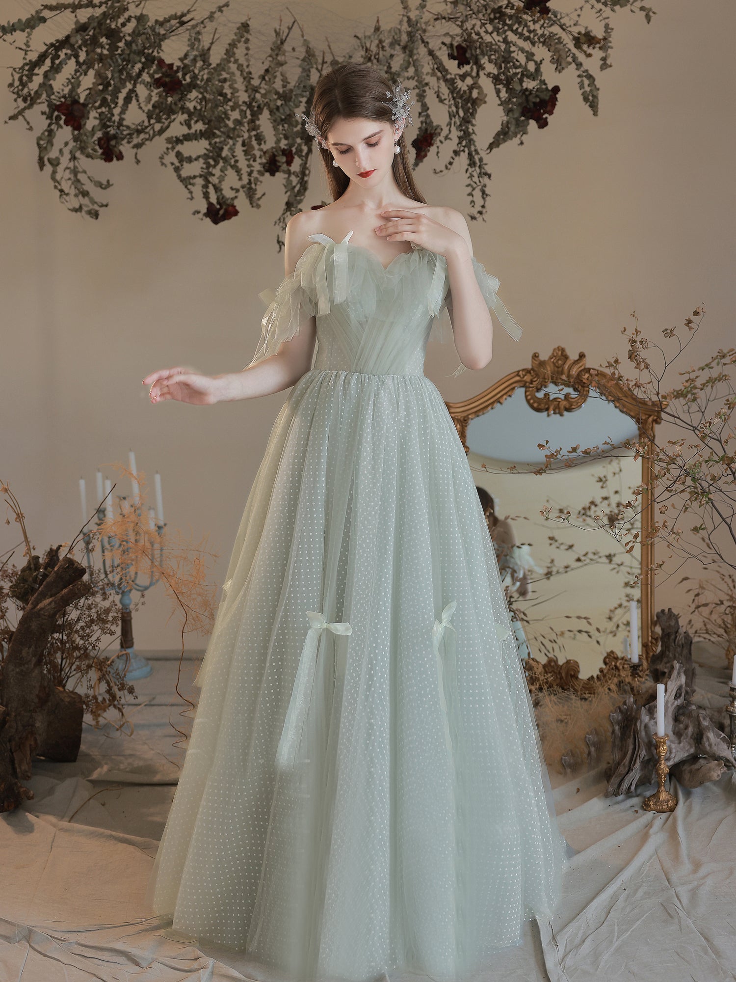 Chic A-line Off-the-shoulder Green Long Prom Dresses Tulle Formal Gown SELINADRESS Chic A-line Off-the-shoulder Green Long Prom Dresses Tulle Formal Gown SELINADRESS