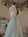 Chic A-line Off-the-shoulder Green Long Prom Dresses Tulle Formal Gowns Evening Dress OSTY062|Selinadress