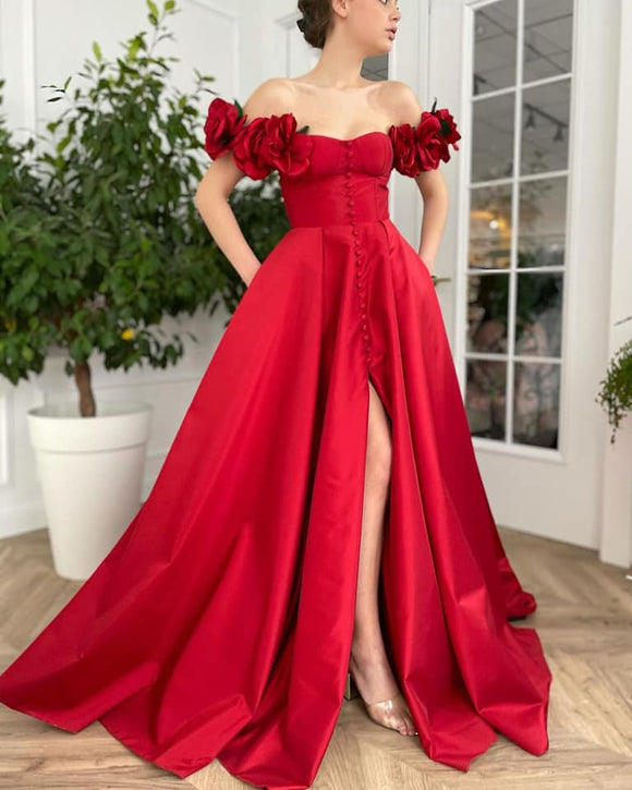 Chic A-line Off-the-shoulder Hand Made Flower Red Prom Dresses Long Evening Dress MHL1901|Selinadress