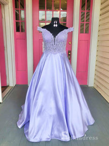 Chic A-line Off The Shoulder Lavender Long Prom Dresses Lace Evening Dress CBD307|Selinadress