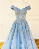 Chic A-line Off-the-shoulder Light Sky Blue Long Prom Dresses Applique Evening Dress CBD383|Selinadress