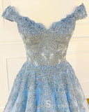 Chic A-line Off-the-shoulder Light Sky Blue Long Prom Dresses Applique Evening Dress CBD383|Selinadress