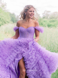 Chic A-line Off-the-shoulder Lilac Long Prom Dresses Ruffles Beaded Long Evening Dress Formal Dresses TKL037