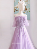 Chic A-line Off-the-shoulder Lilac Long Prom Dresses With Sleeve Formal Dress Beaded Evening Dress OSTY038|Selinadress