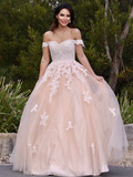 Chic A-line Off-the-shoulder Long Prom Dress Tulle Applique Evening Dress JKW220|Selinadress