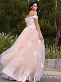 Chic A-line Off-the-shoulder Long Prom Dress Tulle Applique Evening Dress JKW220|Selinadress