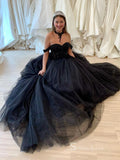 Chic A-line Off-the-shoulder Long Prom Dresses Black Wedding Dress MLK022|Selinadress