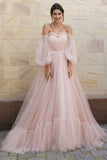 Chic A-line Off-the-shoulder Long Prom Dresses Long Sleeve Elegant Evening Gowns MHL143