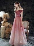 Chic A-line Off-the-shoulder Long Prom Dresses Sparkly Red Evening Dress CBD105