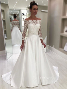 Chic A-line Off-the-shoulder Long Sleeve Wedding Dress Rustic Lace Bridal Gowns JKW208|Selinadress
