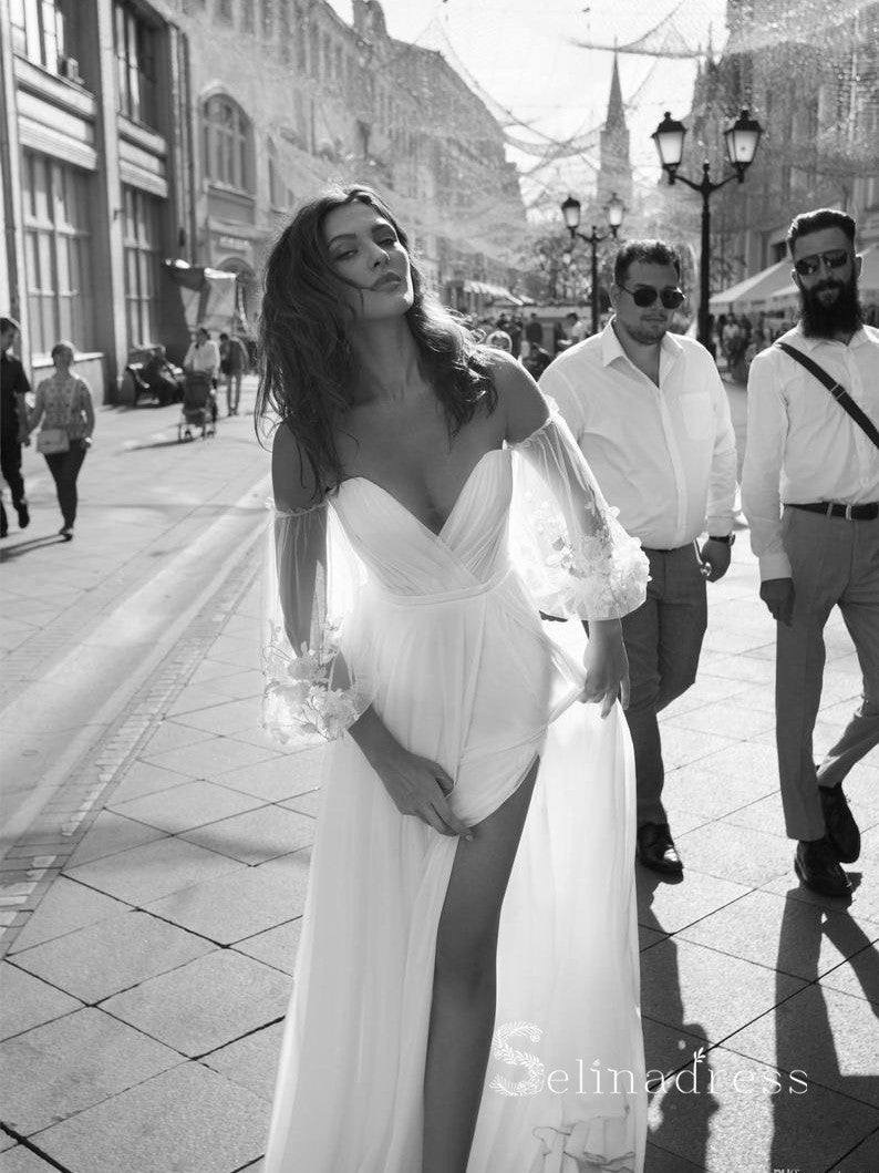 white dresses cheap wedding Chic A-line Off-the-shoulder Long Sleeve White Wedding Dresses Cheap Bridal Gowns CBD421