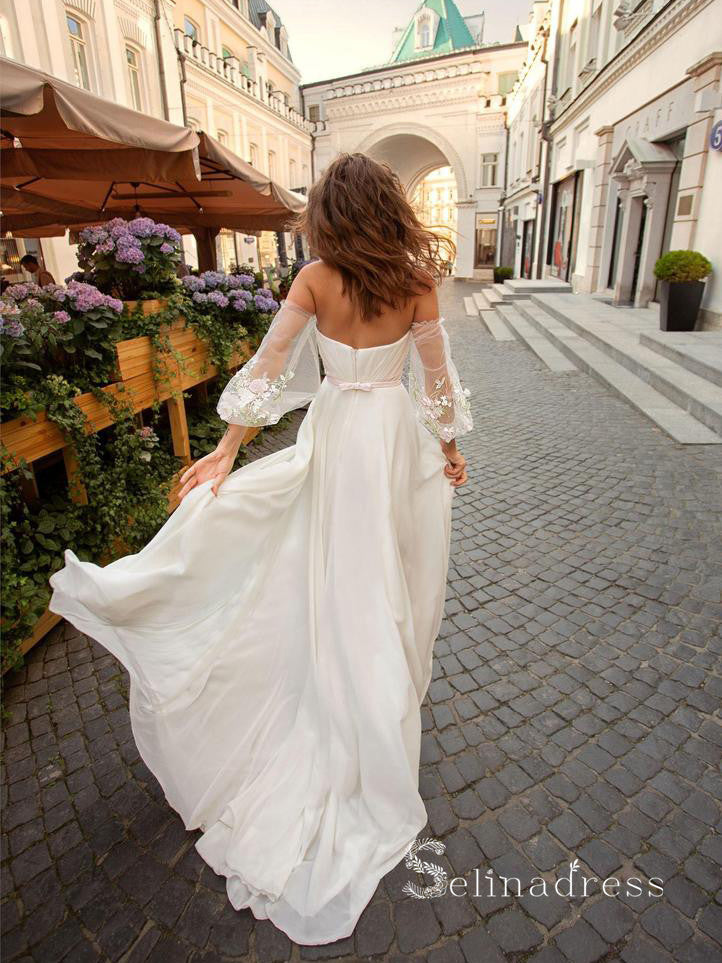 white dresses cheap wedding Chic A-line Off-the-shoulder Long Sleeve White Wedding Dresses Cheap Bridal Gowns CBD421
