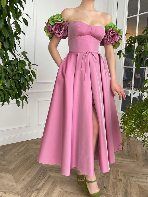 Chic A-line Off-the-shoulder Pink Ankle-length Prom Dresses Cheap Evening Dress MHL1902|Selinadress