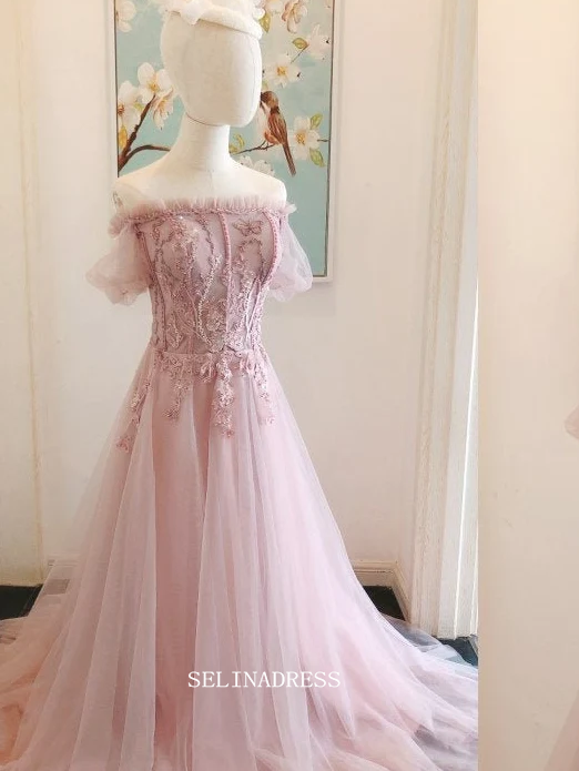 Chic A-line Off-the-shoulder Pink Long Prom Dresses Beaded Quincess Dresses Evening Dress OSTY026|Selinadress