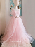 Chic A-line Off The Shoulder Pink Long Prom Dresses Bridesmaid Dresses Tulle Evening Dress OSTY023|Selinadress