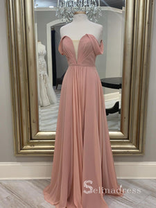 Chic A-line Off-the-shoulder Pink Long Prom Dresses Chiffon Formal Gowns CBD057