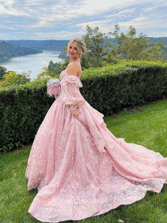 Chic A-line Off-the-shoulder Pink Long Prom Dresses Lace Evening Dress Bridal Dresses TKL051|Selinadress