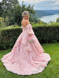Chic A-line Off-the-shoulder Pink Long Prom Dresses Lace Evening Dress Bridal Dresses TKL051|Selinadress