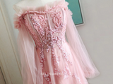 Chic A-line Off-the-shoulder Pink Long Prom Dresses With Long Sleeve Quincess Dresses Evening Dress OSTY027|Selinadress