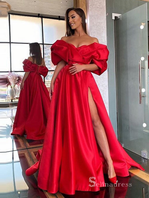 Chic A-line Off-the-shoulder Red Long Prom Dresses Satin Evening Gowns MHL177|Selinadress