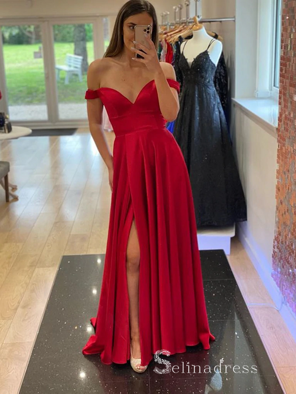 Chic A-line Off The Shoulder Red Long Prom Dresses Simple Cheap Evening Dresses MLH1239|Selinadress