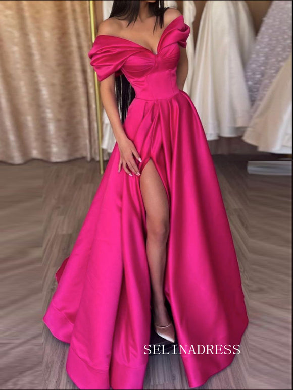 Chic A-line Off-the-shoulder Satin Long Prom Dress Thigh Split Elegant Party Dress #JKSS44|Selinadress