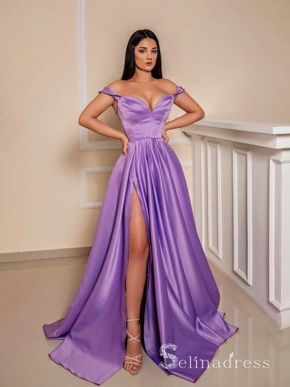 Chic A-line Off-the-shoulder Satin Long Prom Dresses Lavender Evening Dress CBD273