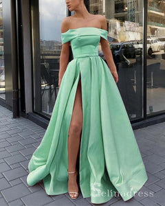 Chic A-line Off-the-shoulder Satin Long Prom Dresses Simple Evening Dress CBD272|Selinadress