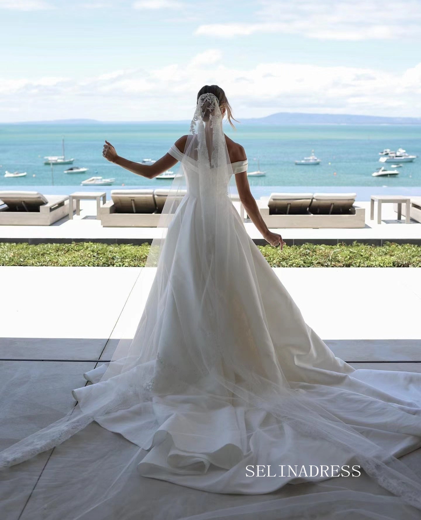 Chic A-line Off-the-shoulder Satin Wedding Dress Rustic White Bridal G SELINADRESS Chic A-line Off-the-shoulder Satin Wedding Dress Rustic White Bridal G SELINADRESS