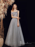 Chic A-line Off-the-shoulder Silver Long Prom Dresses Beaded Evening Gowns CBD163|Selinadress